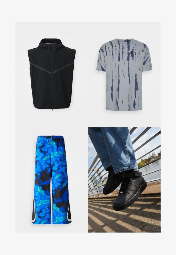 Musta hihaton liivi hupulla. Varustettu edessä olevalla vetskarilla ja heijastinraidoilla rintakehällä. Valmistettu kevyestä kankaasta.; Nike Sportswear Printtipaita - cool grey; Siniset ja mustat abstraktikuosiset leveälahkeiset housut, joissa on joustava vyötärö ja vetoketjulliset sivutaskut yksinkertaisella taustalla.; Mustat Nike Air Force 1 -kengät, joissa on nahkapäällinen, verkko kieli ja kumipohja. Kengissä on korkeakuppinen muotoilu ja paksut nauhat.
