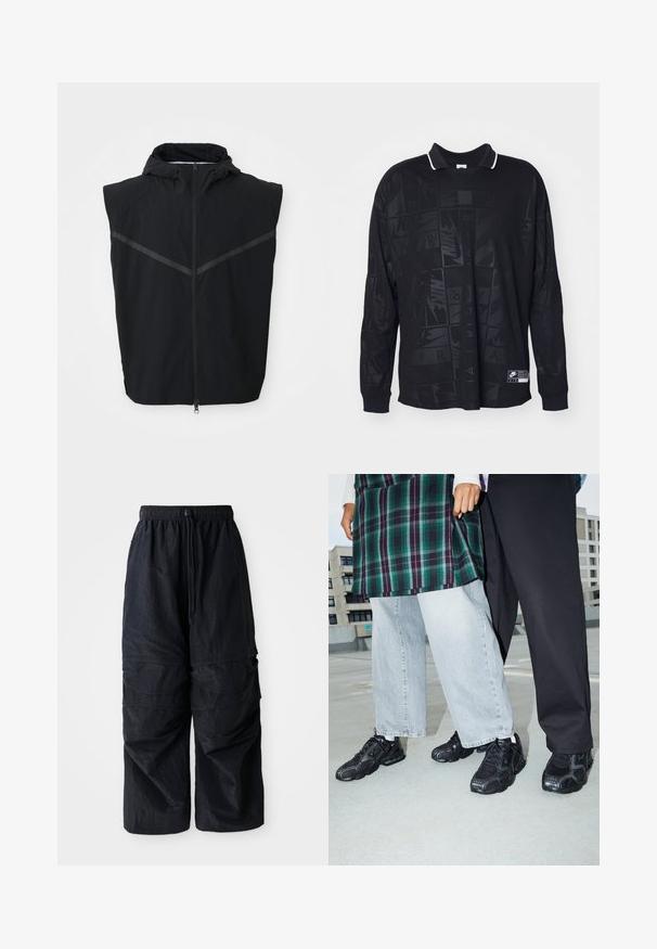 Schwarze ärmellose Weste mit Kapuze. Verfügt über einen Frontreißverschluss und reflektierende Streifen im Brustbereich. Hergestellt aus leichtem Material.; Schwarzes Poloshirt mit langen Ärmeln, das ein strukturiertes Muster, einen kontrastierenden weißen Kragen und ein Nike-Logo auf der unteren linken Seite hat.; Schwarze, leichte Nylon-Cargohosen mit elastischem Bund, verstellbarem Kordelzug und mehreren geschichteten Taschen an den Beinen.; Schwarze Sportschuhe mit Mesh- und Gummielementen. Kombiniert mit hellgrauen weiten Jeans und einem karierten grünen Oberteil. Flacher Hintergrund.
