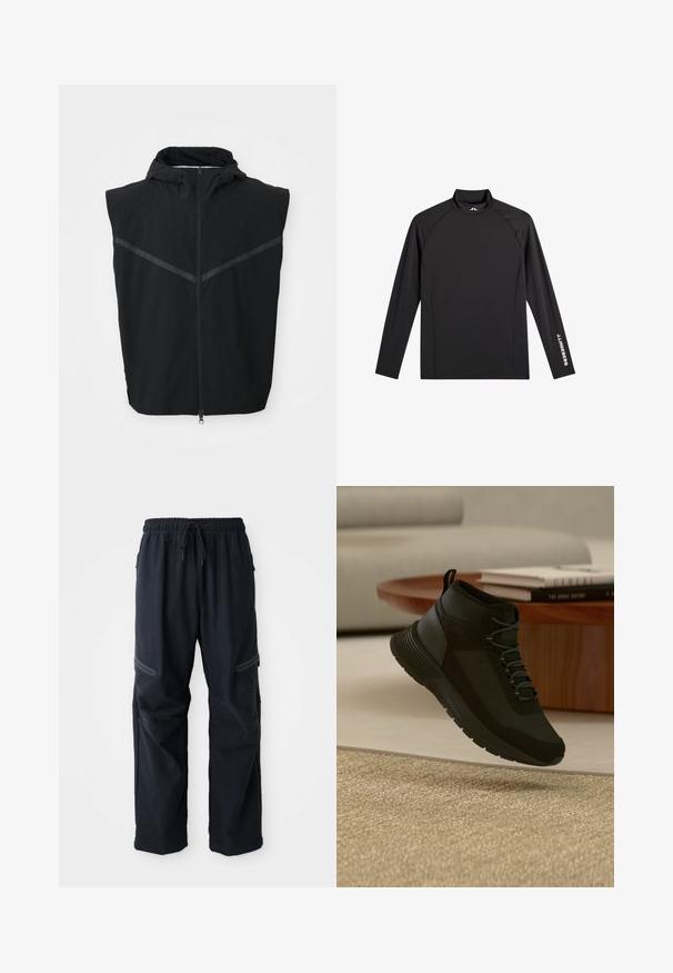 Zwarte mouwloze vest met capuchon. Voorzien van een front-rits en reflecterende strips over het borstgebied. Gemaakt van lichtgewicht stof.; Zwart sporttopje met lange mouwen, opstaande kraag, slim fit en witte "J.Lindeberg"-logo op linkerarm en kraag.; Zwarte casual broek met elastische tailleband, trekkoord en ritszakken op een witte achtergrond.; Zwarte high-top sneaker met veters zwevend boven een beige tapijt, houten ronde tafel met gestapelde boeken in een lichte moderne woonkamer.