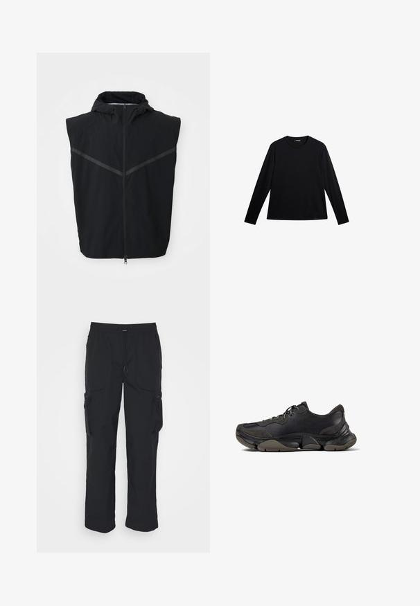 Chaleco sin mangas negro con capucha. Presenta una cremallera frontal y tiras reflectantes en la zona del pecho. Está hecho de una tela ligera.; Camiseta negra de manga larga hecha de tela suave, con cuello redondo y un logotipo sutil en el frente, con un corte holgado.; Pantalones cargo negros hechos de tejido tejido. Cuenta con una cinturilla ajustable, bolsillos laterales y dos bolsillos de utilidad con cremalleras.; Zapatilla deportiva negra con suela texturizada, parte superior de cuero y gamuza, cuello acolchado y cierre con cordones, mostrada en perfil lateral.