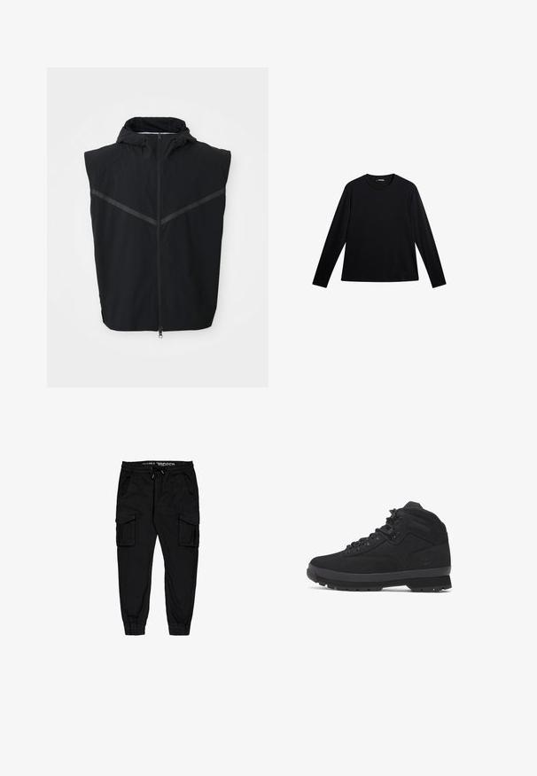 Sort ærmeløs vest med hætte. Har en frontlynlås og reflekterende striber hen over brystområdet. Lavet af letvægtsstof.; Sort langærmet T-shirt lavet af glat stof, med rund hals og et diskret logo på fronten, i en afslappet pasform.; Sorte cargobukser lavet af letvægtsstof, med elastisk talje, snor, og flere sidelommer samt tætsiddende cuffs.; Sorte mellemhøje vandrestøvler lavet af ruskind og nylon, med runde snørebånd, forstærkede kroge og en struktureret gummisål med mønstret slidbane.