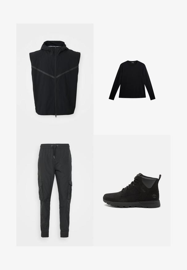 Schwarze ärmellose Weste mit Kapuze. Verfügt über einen Frontreißverschluss und reflektierende Streifen im Brustbereich. Hergestellt aus leichtem Material.; Schwarzes Langarm-T-Shirt aus glattem Stoff, mit Rundhalsausschnitt und einem dezenten Logo auf der Vorderseite, in lockerer Passform.; Schwarze Cargo-Hosen aus leichtem Stoff, mit einem verstellbaren Kordelzugbund, elastischen Bündchen und zwei Seitentaschen.; Schwarze High-Top-Stiefel aus Wildleder und synthetischen Materialien, mit einer strukturierten Oberfläche, Schnürdesign und Gummisohle mit Grip.