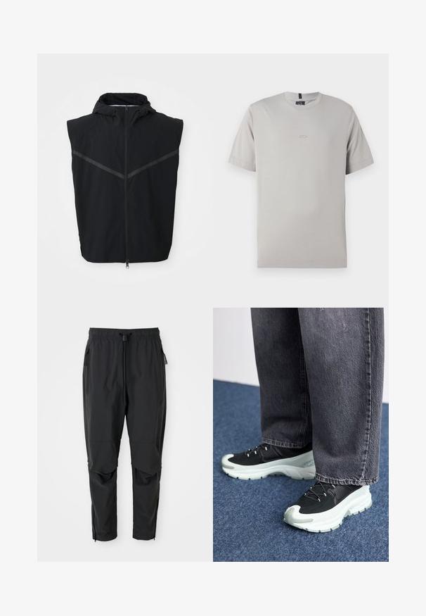 Chaleco sin mangas negro con capucha. Presenta una cremallera frontal y tiras reflectantes en la zona del pecho. Está hecho de una tela ligera.; Camiseta gris de manga corta hecha de suave algodón, con un logo sutil en la parte frontal. Diseño clásico de cuello redondo y dobladillo recto.; Pantalones ligeros negros con cintura elástica, cordón ajustable, bolsillos laterales con cremallera, rodilleras articuladas y cremalleras en los tobillos.; Zapatillas deportivas negras con parte superior de tela texturizada, mediopie blanca, cordones negros y suela de goma, combinadas con jeans de pierna ancha grises.