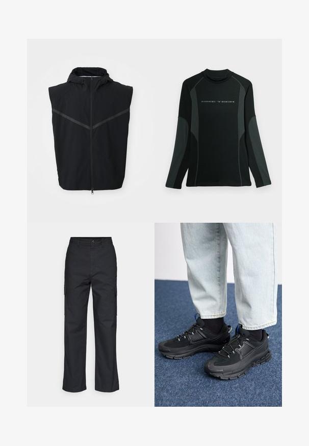 Chaleco sin mangas negro con capucha. Presenta una cremallera frontal y tiras reflectantes en la zona del pecho. Está hecho de una tela ligera.; Camisa negra de manga larga con cuello alto, hecha de una tela texturizada. Presenta paneles laterales grises y el logo "NIKE TECH" en el pecho.; Pantalones cargo negros con un diseño de pierna recta, que cuentan con bolsillos laterales y una tela texturizada. Cierre de botón en la cintura para un ajuste seguro.; Zapatillas deportivas negras con tejido texturizado y suelas de goma, con cordones elásticos y un acento azul en el talón. Combinadas con pantalones de mezclilla claros.