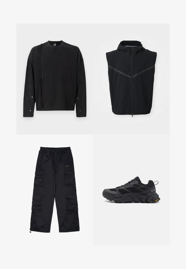 Čierny bezrukávový sveter s kapucňou. Obsahuje predný zips a reflexné pruhy v oblasti hrudníka. Vyrobený z ľahkého materiálu.; Čierny sweatshirt s dlhým rukávom a okrúhlym výstrihom, s jemným logom na prednej strane a patentkami na rukávoch, vyrobený z mäkkej tkaniny.; Čierne cargo nohavice s elastickým pásom, viacerými bočnými vreckami a zipsovými manžetami. Vyrobené z hladkej, ľahkej tkaniny.; Čierne atletické topánky s mohutnou podrážkou, vrchnou časťou z textilu a syntetiky, textúrovanými akcentmi a značkou Vibram na podrážke.