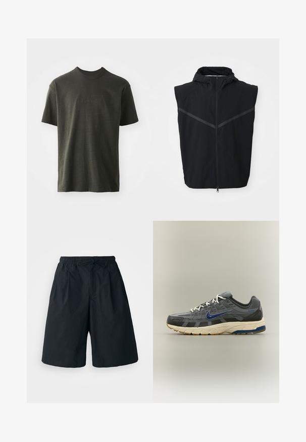 Schwarze ärmellose Weste mit Kapuze. Verfügt über einen Frontreißverschluss und reflektierende Streifen im Brustbereich. Hergestellt aus leichtem Material.; Dunkelgrünes T-Shirt aus weichem Stoff, mit Rundhalsausschnitt und kurzen Ärmeln. Gesticktes "nike"-Logo in einem etwas dunkleren Grün.; Schwarze Shorts mit elastischem Bund und verstellbarem Kordelzug. Aus einem glatten Stoff gefertigt, mit lockerer Passform und ohne sichtbare Muster.; Grauer und schwarzer Nike-Laufschuh mit blauem Swoosh-Logo, weißen Schnürsenkeln und beiger Sohle mit blauen und braunen Profilakzenten.