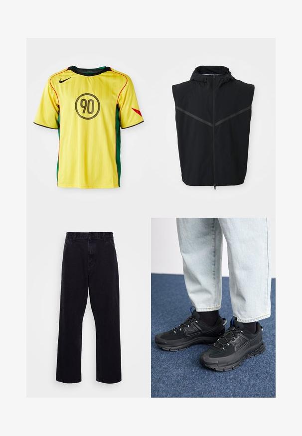 Gilet sans manches noir avec capuche. Possède une fermeture éclair à l'avant et des bandes réfléchissantes sur la poitrine. Fabriqué en tissu léger.; Maillot de football Nike jaune avec des panneaux latéraux verts, des accents noirs et des détails rouges. Présente un design rond noir avec le chiffre "90" sur le devant.; Pantalons en denim noir avec une coupe droite, dotés d'une fermeture à bouton et à zip, de passants de ceinture et de coutures minimales.; Des chaussures de sport noires avec un tissu texturé et des semelles en caoutchouc, dotées de lacets élastiques et d'un accent bleu au talon. Portées avec un pantalon en denim clair.