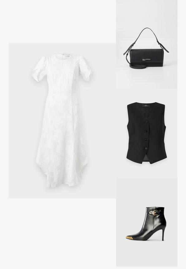 Sort ærmeløs vest med V-udskæring, fem knapper foran, to sidelommer og en glat tekstur. Enkel, skræddersyet design.; Hvid midi-kjole med puffede korte ærmer, rund halsudskæring, struktureret blomsterdesign, tætsiddende talje og asymmetrisk kant.; Sort ankelstøvle lavet af skinnende læder med spids tå, stilet hæl og guldfarvet hardware med en dekorativ spænde-detalje.; Sort læderhandbag med en struktureret form, der har en aftagelig skulderrem, sølvhardware og hvid syning. Logoet vises tydeligt.