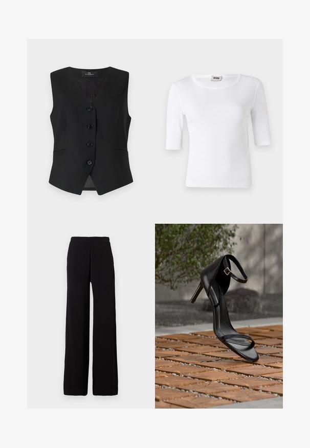 Sort ærmeløs vest med V-udskæring, fem knapper foran, to sidelommer og en glat tekstur. Enkel, skræddersyet design.; Hvid ribbet T-shirt med rund halsudskæring og ærmer til albuerne. Fremstillet af blødt stof med en glat overflade. Etiketten er synlig ved halsudskæringen.; Sorte bukser med vidde i benene, lavet af blødt stof med elastisk talje, kendetegnet ved et enkelt design uden synlige mønstre eller detaljer.; Sort højhælet sandal med ankelsnor, der ser ud til at svæve over et trægulv udendørs med sløret grønt og sten i baggrunden.