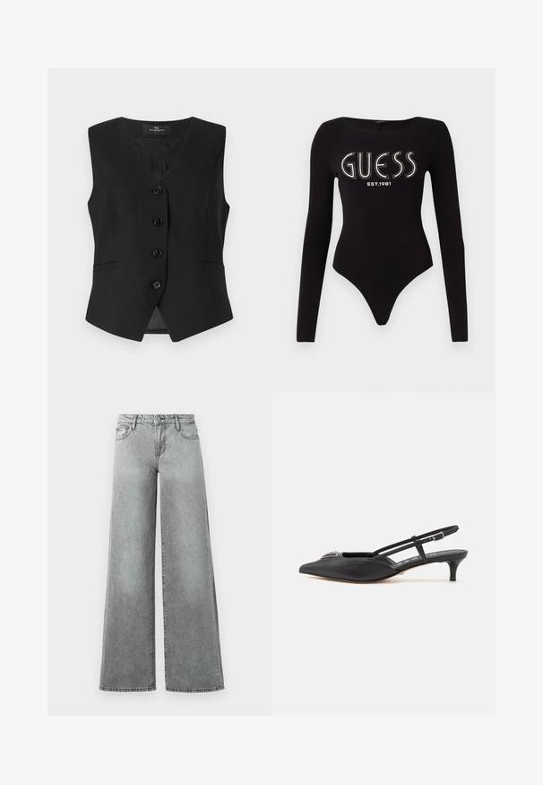 Gilet sans manches noir avec un col en V, cinq boutons sur le devant, deux poches latérales et une texture lisse. Design simple et ajusté.; Bodysuit noir à manches longues avec un décolleté en scoop, présentant "GUESS" en strass et "EST.1981" en blanc, conçu en tissu extensible.; Jeans en denim gris à jambes larges, dotés de cinq poches, d'une taille haute et d'une finition légèrement délavée avec des coutures visibles.; Chaussures noires à talon slingback avec un bout pointu, en matériau lisse, dotées d'un petit talon et d'un accent décoratif en argent sur le dessus.