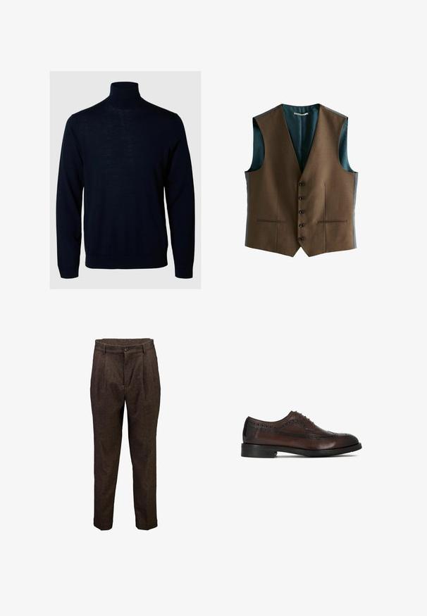 Braune Weste mit einer glatten Textur, ausgestattet mit fünf Knöpfen, zwei vorderen Taschen und einem dunkelblauen gemusterten Innenfutter. Leicht und tailliert geschnitten.; Marineblauer Rollkragensweater, lange Ärmel, gerippte Bündchen und Saum, aus weichem Stoff mit glatter Textur und minimalistischem Design.; Braune Herrenwollhose mit vorderen Falten, Knopfverschluss und Gürtelschlaufen, gezeigt vor weißem Hintergrund.; Brauner Leder-Oxford-Schuh im Wingtip-Stil mit durchbrochenen Brogue-Details und schwarzer Sohle, seitlich dargestellt.