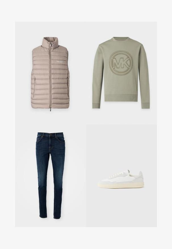 Lys beige quiltet ærmeløs vest med høj krave, lynlås foran, sidelommer og "Armani Exchange Milano/New York" logo på brystet.; Langærmet khakifarvet sweatshirt med ribkanter ved ærmer og kant, med hævet rundt MK-logo broderet på brystet.; Mørkeblå denim jeans med slim fit, struktureret design, fem-lommes stil og let falmning langs benene og sømmene.; Hvid sneakers med en øvre del i tekstureret ruskind og læder. Har rundet tå, snørelukning og kontrasterende beige gummisål.