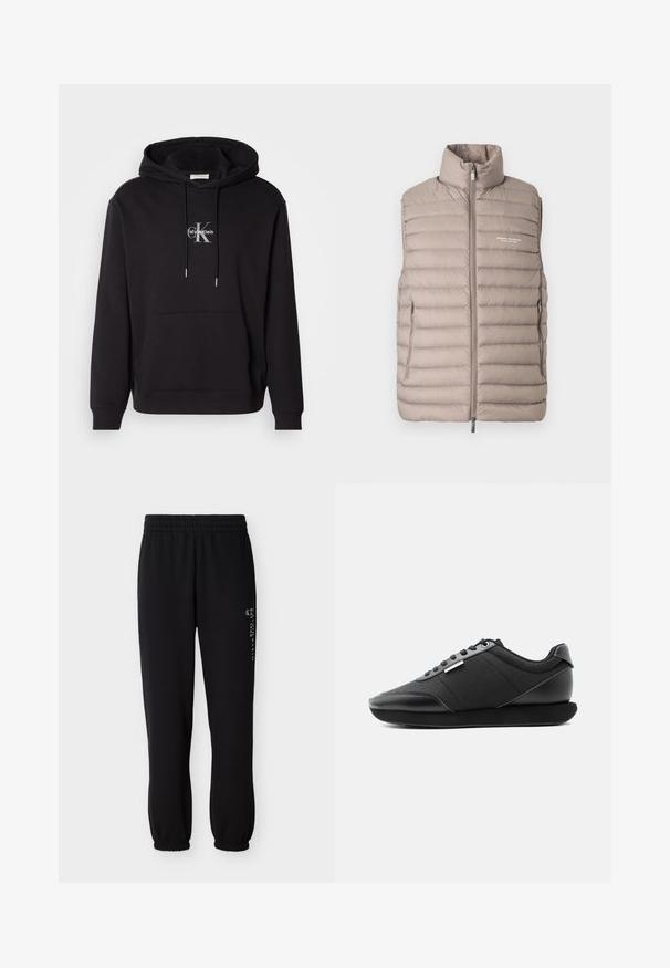 Lys beige quiltet ærmeløs vest med høj krave, lynlås foran, sidelommer og "Armani Exchange Milano/New York" logo på brystet.; Sort bomulds hættejakke med snoretræk i hætten, kangaroo-lomme og et sølvfarvet logo, der viser "Calvin Klein" og "CK" på brystet.; Sorte joggingbukser lavet af blødt stof med elastik i taljen, manchetter ved anklerne og et trykt logodetalje på siden.; Sort lavtop sneaker med teksturerede sidepaneler, matchende sorte snørebånd og tykk, vinklet sål på en ensartet hvid baggrund.