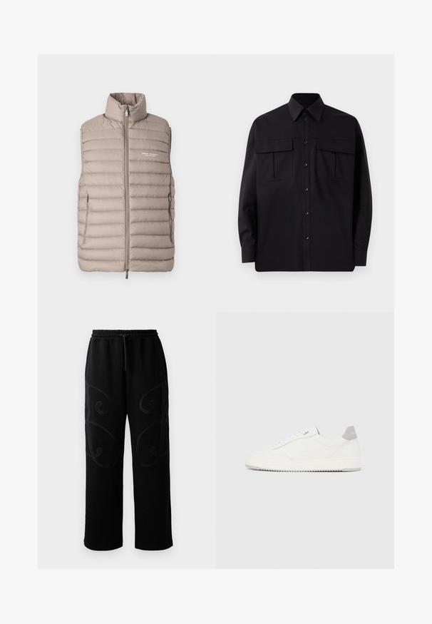Svetlo béžová prešívaná bezrúšková vesta s vysokým golierom, predným zipsom, bočnými vreckami a logom "Armani Exchange Milano/New York" na hrudi.; Čierna košeľa s dlhým rukávom a klasickým golierom, dvoma náprsnými vreckami a gombíkovým zapínaním. Vyrobená z hladkej látky s mierne voľným strihom.; Čierne tepláky s voľným strihom, s komplikovanými krúživými stehovými vzormi pozdĺž strán a elastickým pásom so šnúrkou.; Biela nízka teniska so sivým pätovým pásikom, bielymi šnúrkami a členitou podrážkou, zobrazená na jednoduchom svetlom pozadí.
