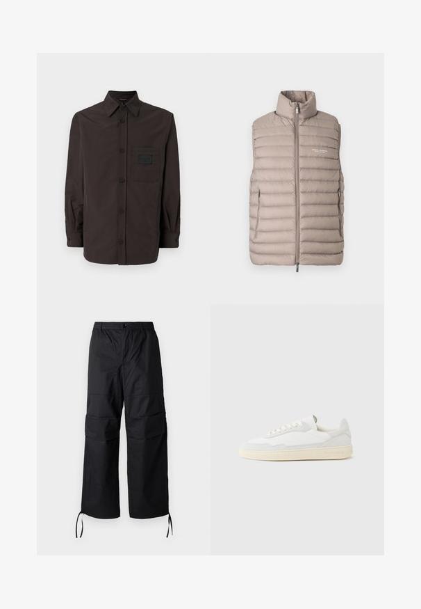 Heled beežist tikutud ilma käisteta vest, millel on kõrge kaelus, ees lukuga avamine, küljetaskud ja "Armani Exchange Milano/New York" logo rinnal.; Tumedast pruunist kangast nööbitav särg, millel on terav krae, pikad varrukad, üks rinnatasku ja tekstuuritud kangas.; Mustad mustad püksid, mis on valmistatud kerge kangast, laia jalgadega, elastse vöökohtaga ja reguleeritavate nööridega sääreosades. Kaks küljetaskut.; Valge tennisejalanõu, mille ülemine osa on valmistatud tekstuurse seemisnahast ja nahast. Omab ümarat ninaosa, paeltega sulgurit ja kontrastset beeži kummist tallaga.