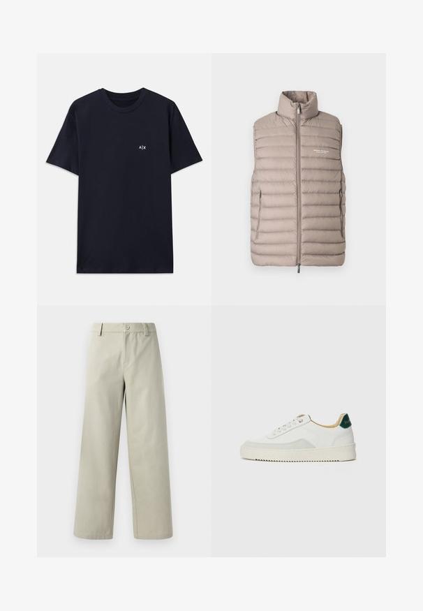 Hellbeige gestepptes ärmelloses Weste mit hohem Kragen, Frontreißverschluss, Seitentaschen und "Armani Exchange Milano/New York"-Logo auf der Brust.; Marineblaue Baumwoll-T-Shirt mit kurzen Ärmeln und Rundhalsausschnitt. Mit einem kleinen weißen "A|X"-Logo auf der linken Brustseite.; Han Kjøbenhavn WIDE LEG - Stoffhose - light grey; Weiße Sneaker mit Wildlederelementen, runder Zehenpartie, flachen Schnürsenkeln und einer cremefarbenen Gummisohle. Mit grünen Markenlogo am Fersenbereich.