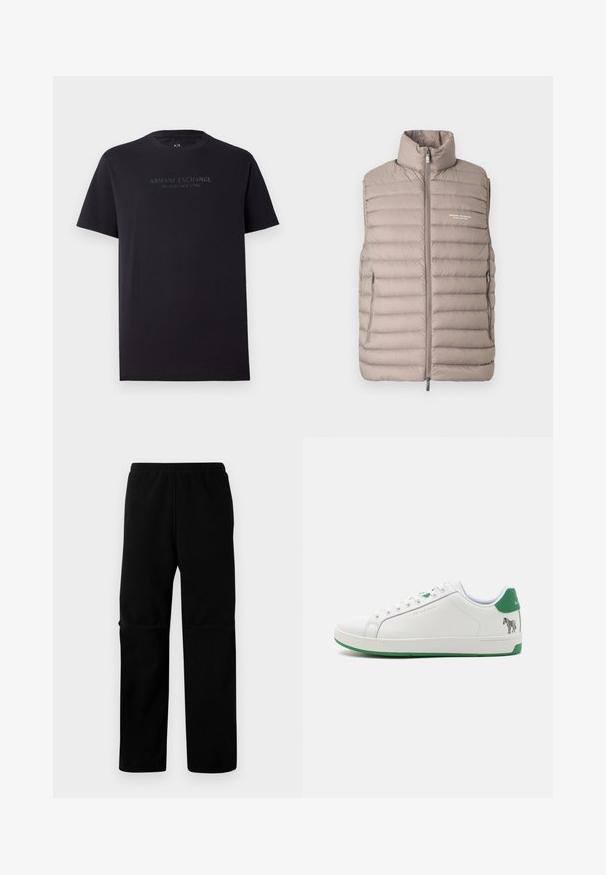 Doudoune sans manches couleur beige clair, avec col montant, fermeture éclair à l'avant, poches latérales et logo "Armani Exchange Milano/New York" sur la poitrine.; T-shirt en coton noir à manches courtes, col rond et légèrement ample. Présente le texte "ARMANI EXCHANGE MILANO / NEW YORK" en gris foncé.; Pantalons en polaire noire avec taille élastique et coupe droite. Texture lisse sans motifs ni éléments métalliques visibles.; Baskets en cuir blanc avec des accents verts et un motif zèbre à l'arrière. Présentent des lacets plats et une semelle en caoutchouc légèrement texturée.