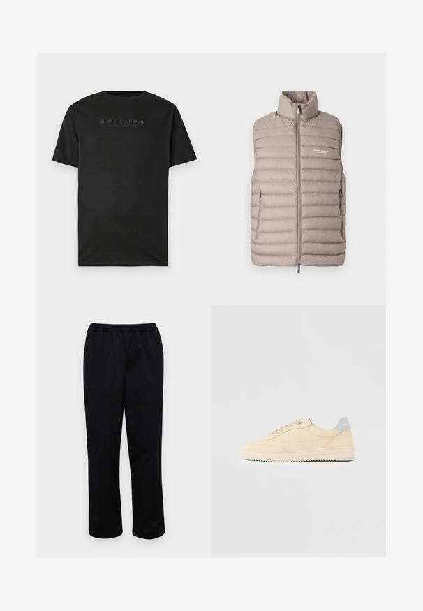 Doudoune sans manches couleur beige clair, avec col montant, fermeture éclair à l'avant, poches latérales et logo "Armani Exchange Milano/New York" sur la poitrine.; T-shirt noir à manches courtes avec col rond, portant "ARMANI EXCHANGE MILANO / NEW YORK" imprimé en petites lettres gris foncé sur la poitrine.; Pantalons noirs mi-longs avec une taille élastique. Fabriqués en tissu lisse, présentant une coupe décontractée et sans poches ni embellissements visibles.; Baskets basses beige à lacets, semelle rose clair et languette grise à l'arrière marquée "Filling Pieces", vues de profil sur fond uni.