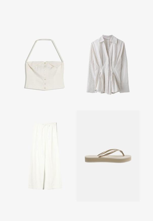 Biely bezrukávový crop top s halterovým remienkom na krku a predným radom gombíkov, s detailom zloženého goliera.; Biela blúzka s dlhým rukávom s vertikálnymi tenkými čiernymi a hnedými pruhmi, širokými manžetami a hlbokým výstrihom do tvaru V.; Biele široké ľanové nohavice s elastickým pásom a sťahovacou šnúrkou, vybavené bočnými vreckami a predným rozparkom.; Béžové žabky s textúrovanou podrážkou a metalicky zlatým Y-krúžkovým remienkom na bielom pozadí.