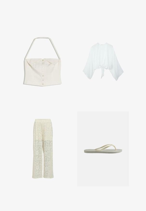 Crop top blanc sans manches avec bride halter au cou et rangée de boutons à l’avant, présentant un détail de col plié.; Blouse courte blanche à manches longues, manches larges et noeud devant, tissu léger, posée à plat sur fond blanc.; Pantalon large couleur crème avec motif en dentelle florale et taille élastique, semi-transparent à partir du milieu de la cuisse vers le bas.; Tongs en caoutchouc blanc cassé, à bride fine et semelle texturée, vues de côté sur un fond uni.