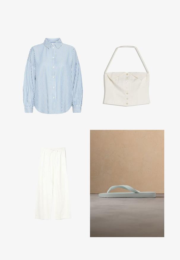 Weißes ärmelloses Crop-Top mit Neckholder-Riemen und einer vorderen Knopfreihe, mit gefaltetem Kragensdetail.; Hellblau-weiße gestreifte Hemdbluse mit Kragen, lockerer Passform, luftigen Ärmeln und geknöpften Handgelenken. Aus leichtem Stoff gefertigt.; Weiße Hose mit weitem Bein, elastischem Bund und Kordelzug, aus leichtem Stoff.; Einzelne hellbeige Gummi-Zehensandale mit strukturierter Fußsohle und Y-förmigem Riemen vor einfachem grauem Hintergrund.