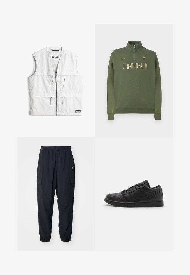 Hvid ærmeløs arbejdsvest med lynlås foran, trykknapstrop, to lynlåslommer og AIGLE-mærker på brystet og kanten.; Olivengrøn sweatshirt med høj krave, kvartlynlås, gylden "JORDAN" tekst og logo. Fremstillet af blødt stof med ribstrikkede manchetter.; Sorte cargo-bukser lavet af letvægtsmateriale, der har en elastisk talje, sidelommer og en afslappet pasform med elastiske manchetter.; Sorte læder lavtop sneakers med perforeret tå, flade snørebånd, polstret krave og struktureret sål. Har et diskret logo på hælen.