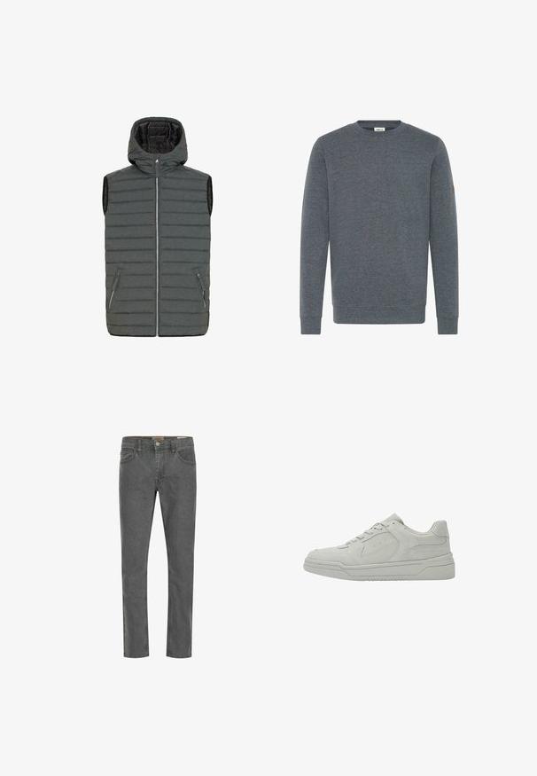 Grå isoleret vest med hætte, lodret quiltet design, frontlynlås og to sidelommer med lynlås.; Grå sweatshirt med rund halsudskæring, lange ærmer og ribbede manchetter. Har et struktureret stof og et lille logo-patch på venstre ærme.; Grå denim jeans med lige ben, fem lomme design og en lille metalknap lukning. Stoffet har en glat tekstur og en let stræk.; Lavt lys gråt sneaker med snørebånd foran, syning detaljer på paneler og en tyk gummisål, vist i sideprofil.