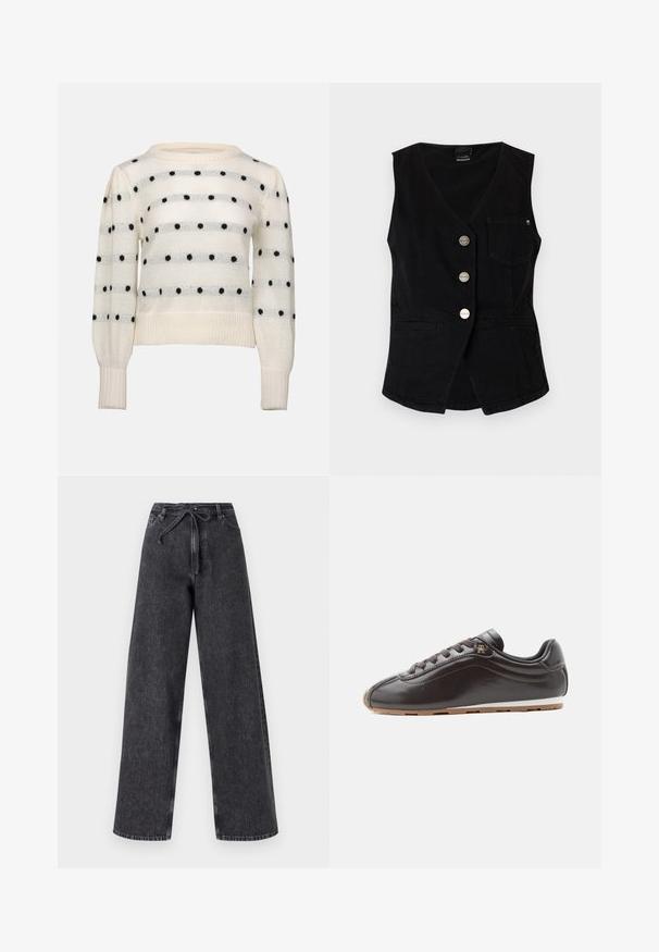 Sort ærmeløs vest med V-hals, tre sølvknapper, en brystlomme og to nederste lommer med kant.; Hvid strikket sweater med horisontale striber og sorte polka dots. Rund hals, lange ærmer, ribstrikkede manchetter og kant. Blød tekstur.; Højtaljede, brede ben sorte denim jeans med snørelukning. Har en falmet tekstur og subtile syninger.; Mørkebrun lav sneakers med snørelukning foran, glat læderoverdel og en lysebrun gummisål.