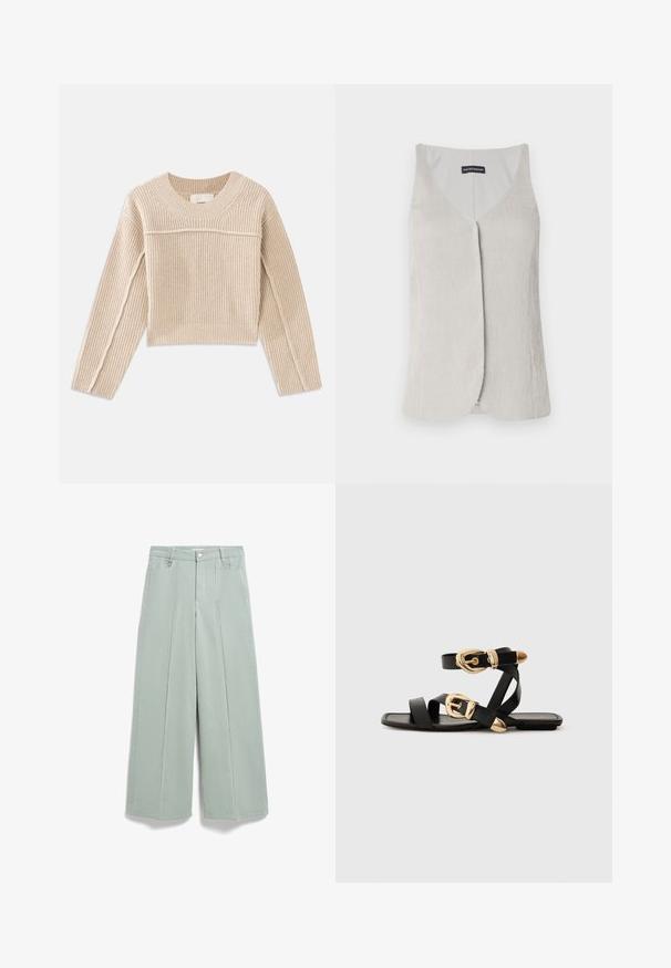 Lys grå, ærmeløs top med V-halsdesign. Lavet af tekstureret stof, der har et subtilt ribbet mønster og en lige pasform.; Beige, ribbet strikket cropped sweater med lange ærmer, en rund halsudskæring og dekorativ syning langs ærmesømmene.; Bredbenede, højtaljede lysegrønne bukser med forreste syninger, bæltestropper og knaplukning, vist fladt på hvid baggrund.; Sorte lædersandaler med guldspænde detaljer, der har flere stropper og et fladt såldesign til åbne tåer.