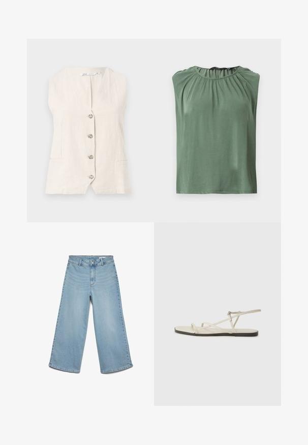 Ærmeløs beige linnedvest med fire knapper foran og to forlommer i taljen.; Ærmeløs grøn top med rynket halsudskæring og løs pasform, vist fladt mod en hvid baggrund.; Lyseblå denim bukser med vide ben, bæltestropper, forreste knap og lynlås, uden synlige lommer.; Beige flad sandal med flere slanke stropper og en justerbar spænde. Sålen er flad med en let mørkere kontrast ved kanten.