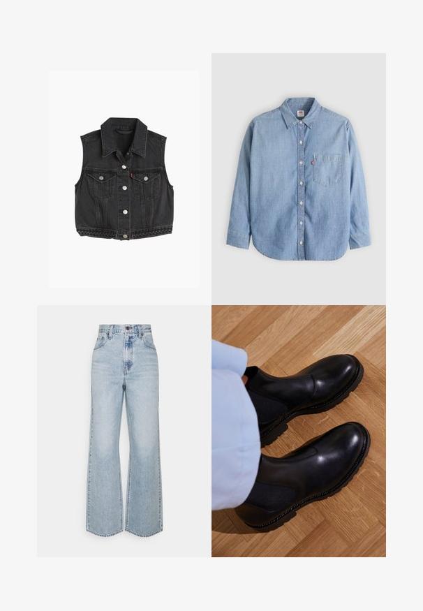 Chaleco sin mangas de denim negro con cuello puntiagudo, botones en la parte frontal, dos bolsillos en el pecho y detalles trenzados a lo largo del dobladillo.; Camisa de mezclilla azul claro con cuello abotonado, bolsillo delantero y mangas largas. Presenta un dobladillo curvado y una textura sutil.; Jeans anchos de mezclilla de un azul claro con una cintura alta, diseño clásico de cinco bolsillos y costuras en contraste. Detalle de dobladillo sin terminar en la parte inferior.; Botas negras de tobillo hechas de cuero suave con paneles laterales elásticos, una suela de goma texturizada y costuras en contraste a lo largo del borde.