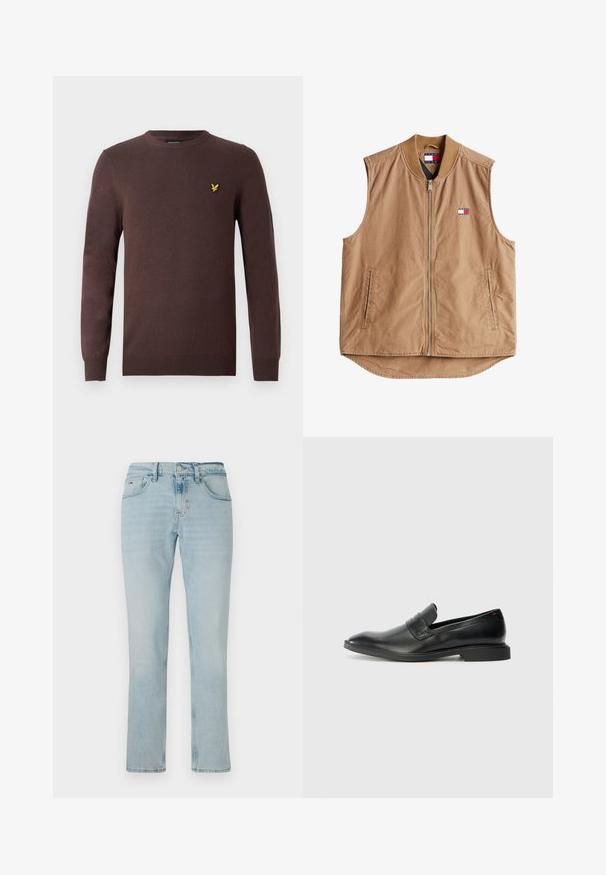 Gilet sans manches tan avec fermeture éclair sur le devant, col côtelé et deux poches latérales. Présente un petit patch logo en rouge, blanc et bleu.; Pull marron en tissu tricoté doux, avec un col rond et des manches longues. Accent brodé d'un oiseau jaune sur la poitrine.; Jeans en denim bleu clair au design à jambe droite, texture douce, poches avant et motifs de décoloration subtils. Comprend une fermeture à bouton et à glissière.; Mocassins en cuir noir avec une texture lisse, un nez pointu et un petit talon rectangulaire. Présente un détail de bande horizontale sur le dessus.