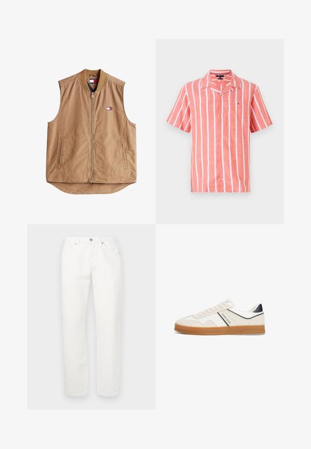 Chaleco sin mangas de color bronceado con cremallera frontal, cuello acanalado y dos bolsillos laterales. Presenta un pequeño parche con el logo en rojo, blanco y azul.; Camisa de manga corta a rayas coral hecha de lino transpirable. Presenta un cuello con solapa, botones frontales y rayas blancas contrastantes.; Pantalones de mezclilla blanca con un diseño de pierna recta. Presenta un clásico diseño de cinco bolsillos, cierre de botón metálico y una ligera textura.; Zapatilla blanca y beige con parte superior de ante texturizado y piel lisa, con suela de goma, acentos en negro y cordones.