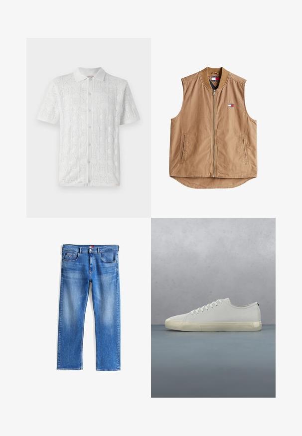 Gilet sans manches tan avec fermeture éclair sur le devant, col côtelé et deux poches latérales. Présente un petit patch logo en rouge, blanc et bleu.; Chemise blanche à manches courtes avec un motif à grille texturé et de petites perforations, présentant un col et cinq boutons sur le devant.; Jeans en denim bleu avec un design à jambe droite, comportant des poches avant et arrière, des éléments en métal argenté et un léger dégradé sur le tissu.; Baskets en cuir blanc avec lacets flottant au-dessus de carreaux en bois carrés et de petits cailloux, avec un arbre et un fond gris.