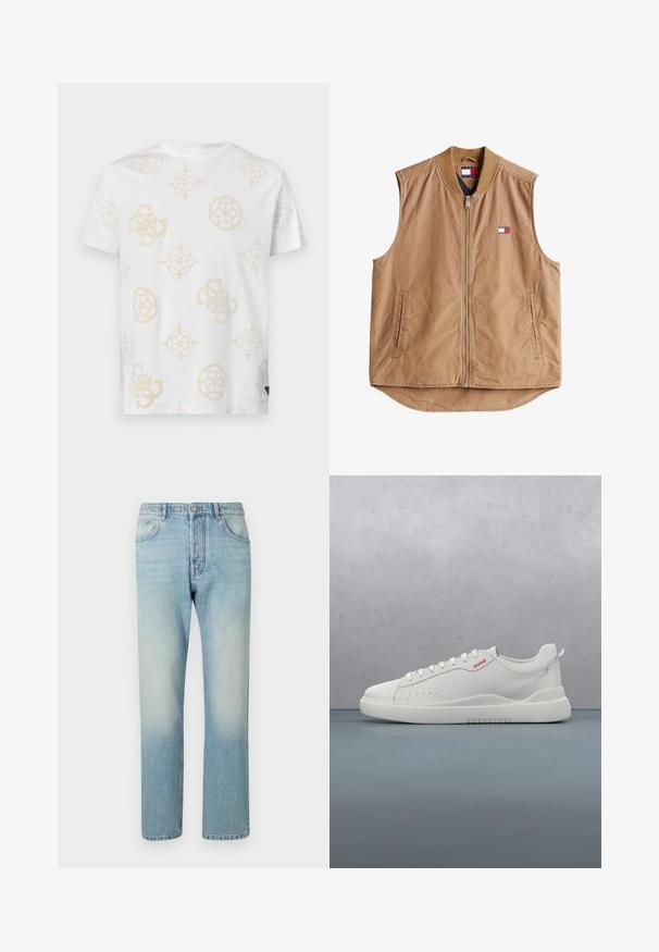 Gilet sans manches tan avec fermeture éclair sur le devant, col côtelé et deux poches latérales. Présente un petit patch logo en rouge, blanc et bleu.; T-shirt en coton blanc avec un motif abstrait beige clair comportant diverses formes géométriques et logos. Col rond et manches courtes.; Jeans bleu clair fabriqués en denim, présentant un design à jambe droite, une structure à cinq poches et un effet délavé au niveau des cuisses.; Sneaker blanche avec une finition en cuir lisse, bout rond, quatre œillets, perforations subtiles et un détail de logo rouge sur le côté.