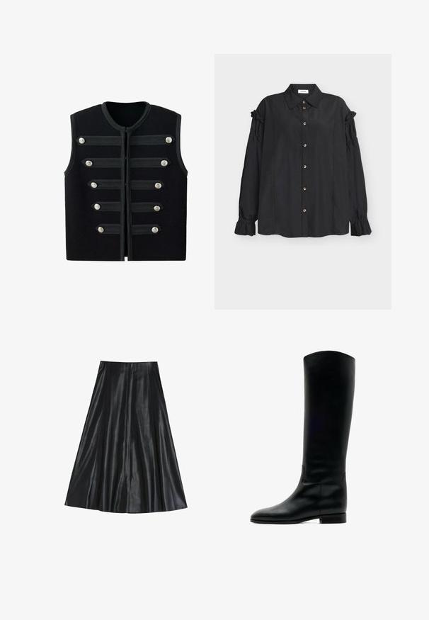 Zwart mouwloos militair vest met ronde hals, zes horizontale decoratieve banden en zilveren knopen aan de voorkant.; Zwarte blouse met lange mouwen, kraag, knoopsluiting aan de voorkant, gerimpelde details op de mouwen en gerafelde manchetten, plat neergelegd op een lichte achtergrond.; Zwarte leren midi-rok met een uitlopende vorm, met een gladde textuur en een geplooid ontwerp voor extra volume. Geen zichtbare hardware of accenten.; Hoge zwarte leren laars met lage hak en ronde neus, zijaanzicht op een witte achtergrond.
