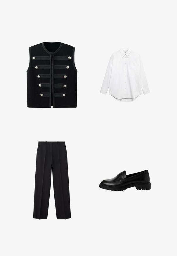 Chaleco militar negro sin mangas con cuello redondo, seis correas decorativas horizontales y botones plateados en la parte delantera.; Camisa blanca de manga larga con botones, cuello puntiagudo y un bolsillo en el pecho, presentada sobre un fondo blanco liso.; Pantalones rectos negros confeccionados a medida con trabillas para cinturón y bolsillos laterales, diseñados para vestir formal o de oficina.; Mocasines de cuero negro con punta redondeada, tira decorativa en la parte superior y suela gruesa de goma texturizada. Acabado suave con detalles de costura sutiles.