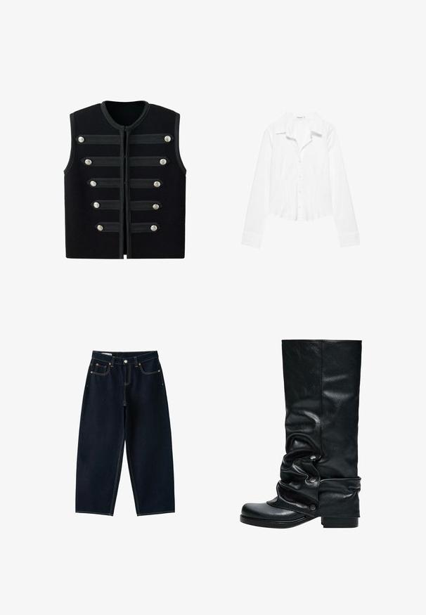 Veste militaire noire sans manches avec encolure ronde, six sangles décoratives horizontales et boutons argentés à l'avant.; Chemise blanche à manches longues avec col, taille légèrement cintrée et poignets boutonnés, présentée sur fond blanc.; Jean bleu foncé à jambes larges avec cinq poches, fermeture par bouton et coutures contrastées sur fond blanc.; Botte noire en cuir montante jusqu'au genou avec un design décontracté, bout arrondi et boutons décoratifs sur le côté. Talon carré pour plus de stabilité.