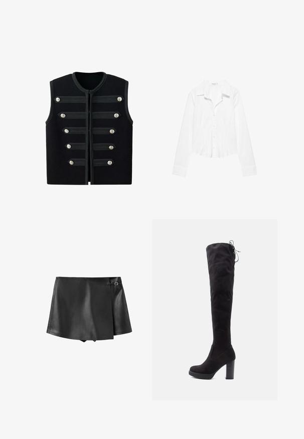 Veste militaire noire sans manches avec encolure ronde, six sangles décoratives horizontales et boutons argentés à l'avant.; Chemise blanche à manches longues avec col, taille légèrement cintrée et poignets boutonnés, présentée sur fond blanc.; Mini-jupe noire en simili cuir avec un rabat avant chevauchant et un petit détail boucle sur le côté.; Bottes noires au-dessus du genou en suede doux, avec un talon épais, une semelle plateforme et un détail en lacets en haut pour un ajustement réglable.