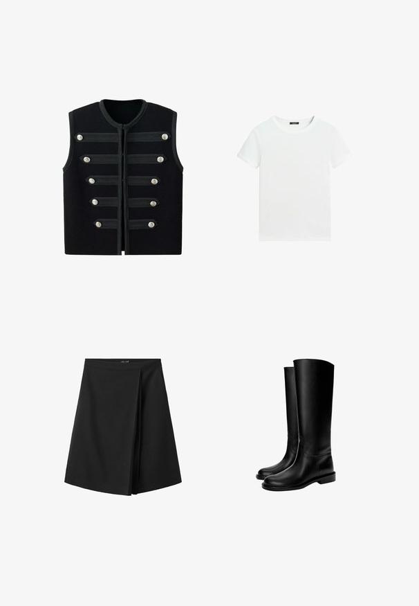 Zwart mouwloos militair vest met ronde hals, zes horizontale decoratieve banden en zilveren knopen aan de voorkant.; Effen wit T-shirt met korte mouwen, een ronde hals en een klein zwart labeltje aan de binnenkant van de kraag.; Zwarte rok tot op de knie met een rechte tailleband en een overlappend plooidetail aan de voorkant, afgebeeld op een witte achtergrond.; Zwarte leren kniehoge laarzen met een gladde textuur, ronde neus, platte zool en minimalistisch ontwerp, met gestikte naden en zonder zichtbare hardware.