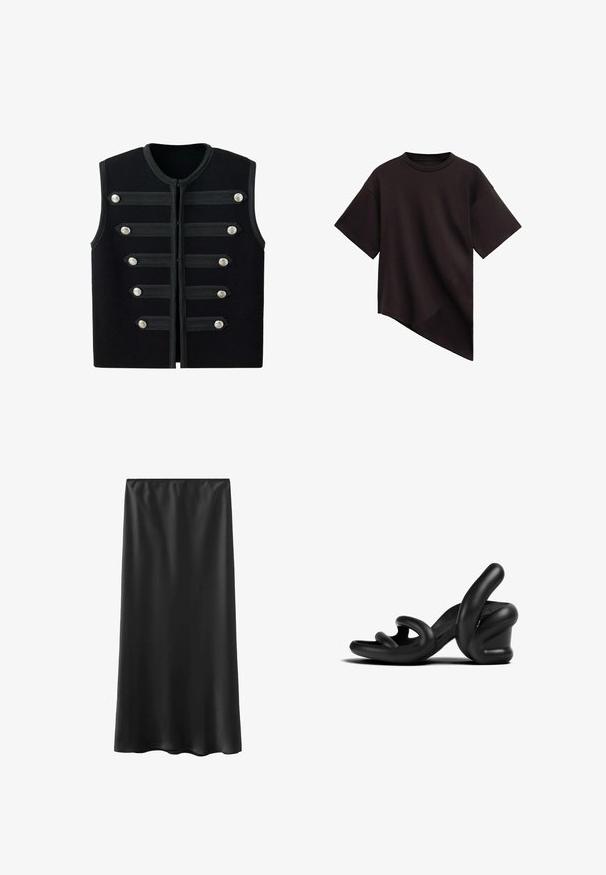 Schwarze ärmellose Militärweste mit rundem Ausschnitt, sechs horizontalen dekorativen Riemen und silbernen Knöpfen vorne.; Schwarzes T-Shirt mit kurzen Ärmeln, Rundhalsausschnitt und asymmetrischem Saum, der diagonal von links nach rechts verläuft.; Schwarzer, bodenlanger Rock aus glattem, leichtem Material mit elastischem Bund und schlichtem Design. Keine sichtbaren Muster oder Akzente.; Schwarze hochhackige Sandalen mit einem skulpturalen Designs aus Gummi. Mit geschwungenen Riemen und einem dicken Absatz. Glatte, matte Textur.