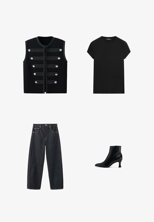 Zwart mouwloos militair vest met ronde hals, zes horizontale decoratieve banden en zilveren knopen aan de voorkant.; Zwart T-shirt met korte mouwen en ronde hals met een zichtbaar merklabel bij de hals, gecentreerd op een witte achtergrond.; Donkerblauwe wijde spijkerbroek met vijf zakken en contrasterende stiksels, plat weergegeven op een witte achtergrond.; Zwarte leren enkellaars met een spitse neus, slank ontwerp en een taps toelopende, gebogen hak. Gladde textuur met minimale accentdetails.