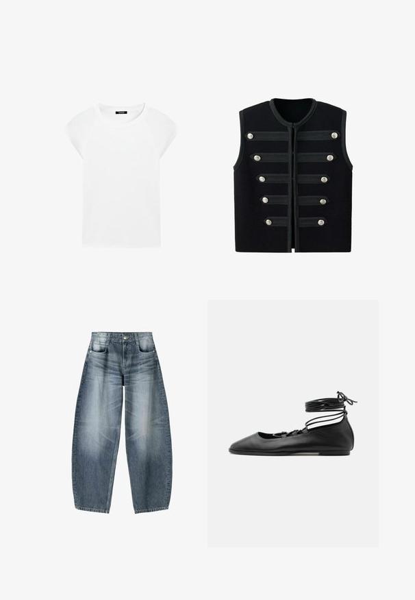 Veste militaire noire sans manches avec encolure ronde, six sangles décoratives horizontales et boutons argentés à l'avant.; T-shirt blanc uni à manches courtes avec un col rond et des manches raglan, présenté sur un fond blanc.; Jean large en denim bleu clair avec décoloration, présentant un design à cinq poches, un bouton de fermeture et des détails de couture minimaux.; Chaussure de ballet plate en cuir noir avec un bout pointu, plusieurs fines brides sur le dessus et des lacets enroulés autour de la cheville.