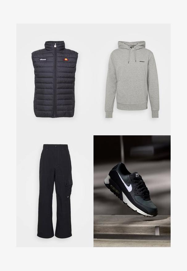 Čierna zateplená vesta s vysokým golierom, so prešívaným dizajnom, zipsom a vyšitým logom na ľavej hrudi.; Dickies LORETTO HOODIE - Mikina - grey melange; Čierne cargo nohavice vyrobené z texturovanej tkaniny, s voľným strihom, viditeľným šitím a bočnou vreckom so zapínaním na cvok.; Čierno-sivá teniska Nike Air Max s bielym logom, zavesená nad betónovým povrchom na rozmazanom tmavom pozadí.