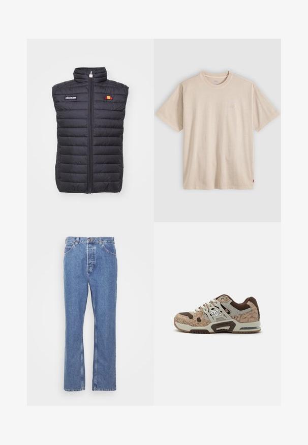 Sort isoleret vest med høj krave, med quiltet design, lynlåslukning og broderet logo på venstre bryst.; Beige T-shirt med korte ærmer og rund hals, med subtilt Levi’s-logo på brystet og lille rødt mærke på sidesømmen.; Blå denimjeans med lige pasform, fem lomme-design, bæltestropper og knaplukning. Stoffet har en blød, struktureret finish.; Beige og brun atletisk sneaker med struktureret mønster, hvide snørebånd, tyk sål og DC-logo på siden og mellemsålen.