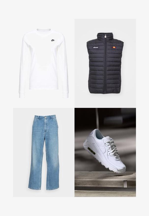 Sort isoleret vest med høj krave, med quiltet design, lynlåslukning og broderet logo på venstre bryst.; Hvid langærmet T-shirt lavet af bomuld, med et lille sort Nike-logo på venstre bryst og en rund halsudskæring. Glat tekstur.; Lyseblå bred ben jeans lavet af denim. Har en høj talje, knaplukning og standard fem-lomme design. Glat tekstur.; Hvide lædersneakers med teksturerede overflader, polstret krave og synlig luftpolstring i sålen. Har snørrebånd og et minimalistisk design.