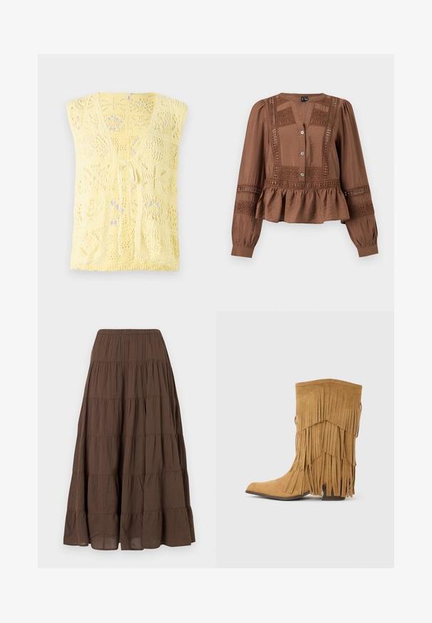 Gilet en tricot jaune avec un col en V, des motifs ajourés et une fermeture à nouer à l'avant. Texture douce avec une coupe décontractée.; Blouse marron à manches longues avec des panneaux en dentelle, trois boutons sur le devant, taille froncée avec basque et col rond avec légère découpe en V.; Jupe longue marron à étages avec taille élastique froncée et tissu léger légèrement texturé.; Botte mi-mollet en daim couleur beige avec franges superposées et talon bloc empilé, vue de profil sur un fond uni.