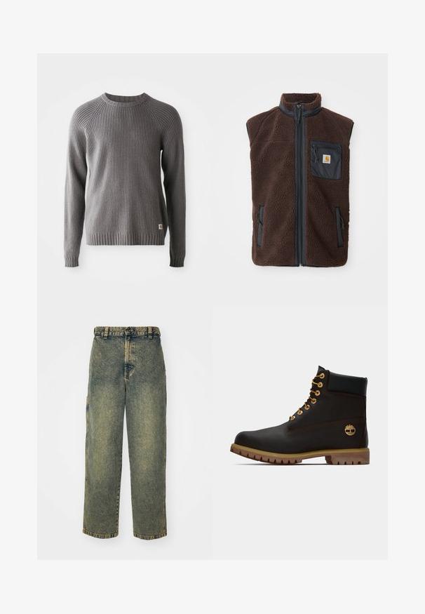 Braune Fleeceweste mit Reißverschluss, hohem Kragen und Seitentaschen. Verfügt über eine schwarze Brusttasche mit Logoplabel. Weiches, strukturiertes Material.; Grauer, gerippter Strickpullover mit langen Ärmeln und Rundhalsausschnitt. Mit einer strukturierten Oberfläche und einem kleinen Logopatch am Saum.; Baggy-Jeans aus Denim in einer verblassten Blauen und Grünen Waschung. Mit Knopfverschluss, Gürtelschlaufen und Seitentaschen. Flaches Vorderteil und gerades Bein-Design.; Schwarze Leder-Ankle-Boots mit goldenen Ösen, braunen Akzenten und einer Gummisohle. Verfügt über einen gepolsterten Schaft und ein geprägtes Logo an der Seite.