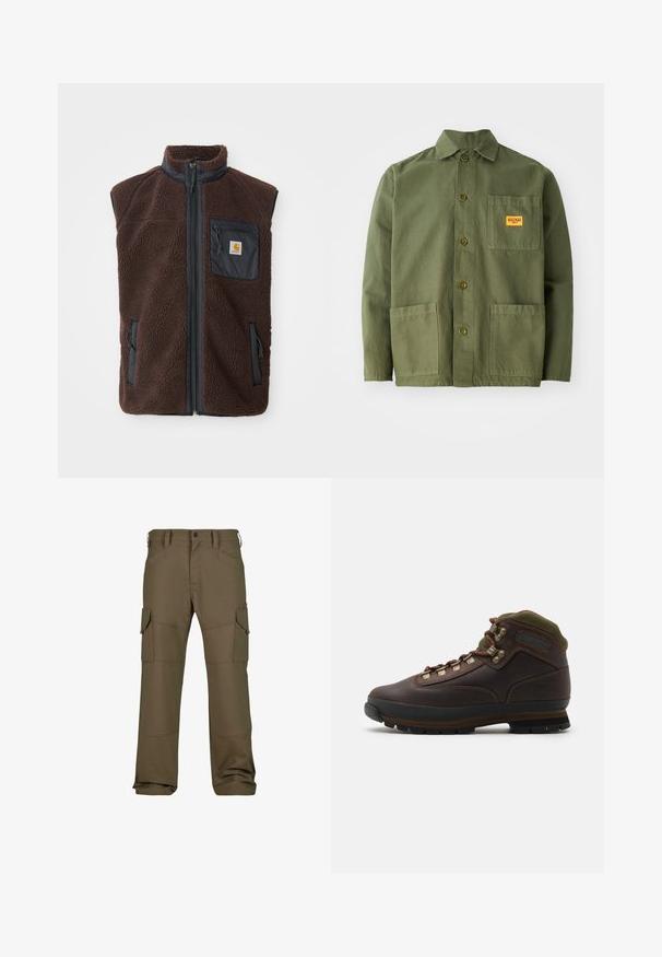 Braune Fleeceweste mit Reißverschluss, hohem Kragen und Seitentaschen. Verfügt über eine schwarze Brusttasche mit Logoplabel. Weiches, strukturiertes Material.; Olivgrüne Jacke aus schwerem Baumwollmaterial, mit spitzem Kragen, Knöpfen auf der Vorderseite und zwei großen aufgesetzten Taschen. Mit einem kleinen Logo-Patch versehen.; Cargo-Hosen in dunkelolivgrün mit mehreren Taschen, verstärkten Nähten, geradem Schnitt und einem glatten Stoff.; Brauner Leder-Wanderschuh mit grünem Stoffkragen. Besitzt Metall-Schnürhaken, Gummisohle und strukturiertes Profil für besseren Halt.