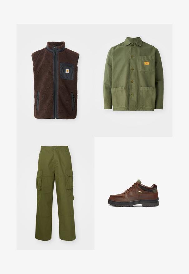 Bruine fleece vest met rits aan de voorkant, hoge kraag en zijzakken. Voorzien van een zwarte borstzak met logo-label. Zacht, gestructureerd materiaal.; Olijfgroen jack gemaakt van zware katoen, met een puntige kraag, knopen aan de voorkant en twee grote opgestikte zakken. Inclusief een klein logo-opdruk.; Olijfgroene cargo broek van duurzaam materiaal, met twee zijzakken, een relaxte pasvorm en een knoopsluiting bij de taille.; Bruin leren schoen met een klassiek ontwerp, uitgerust met een vetersluiting, groene accenten en een robuuste zwarte rubberen zool. GORE-TEX® label zichtbaar.